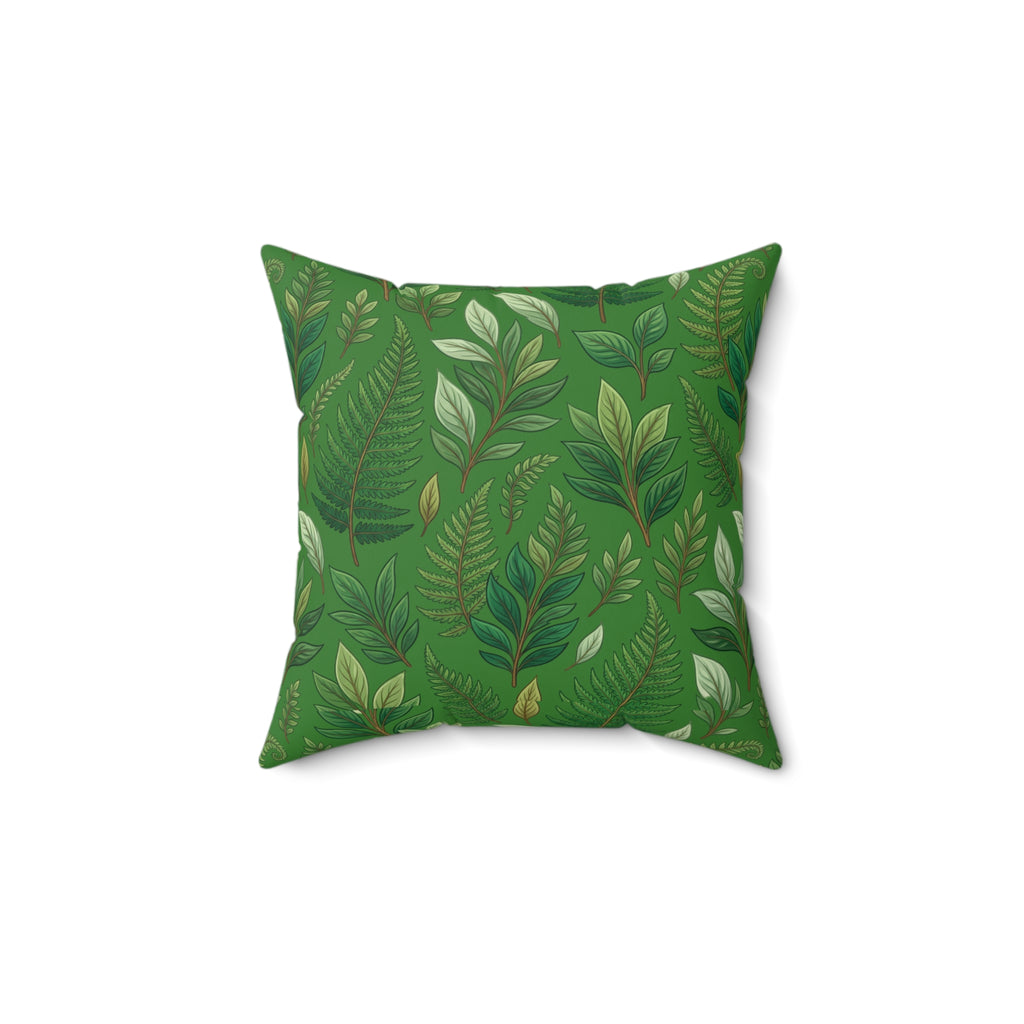 Green Botanical Leaf Throw Pillow — Tropical Fern Pattern Decorative Cushion
