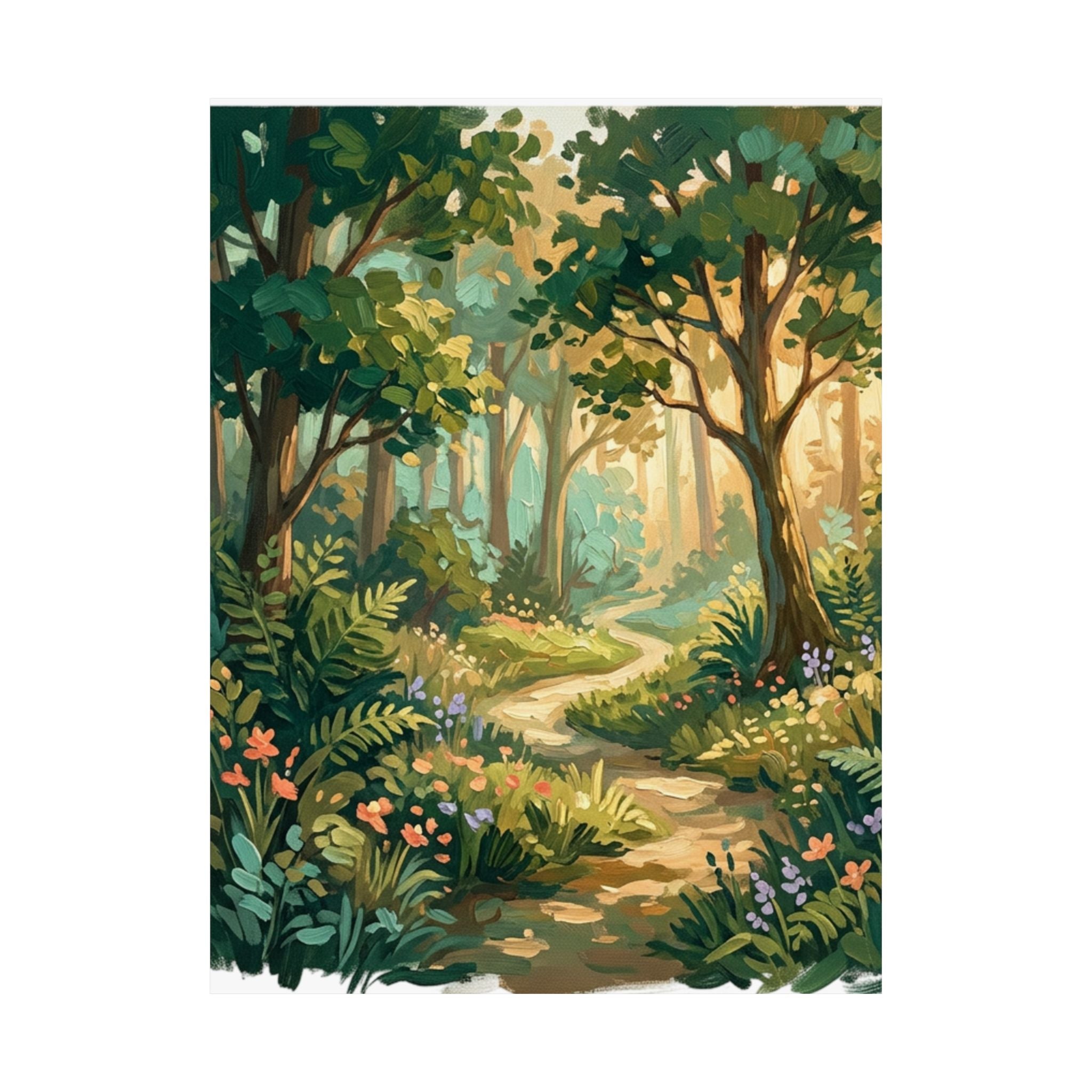 Sunlit Forest Path Matte Vertical Poster — Storybook Woodland Wall Art