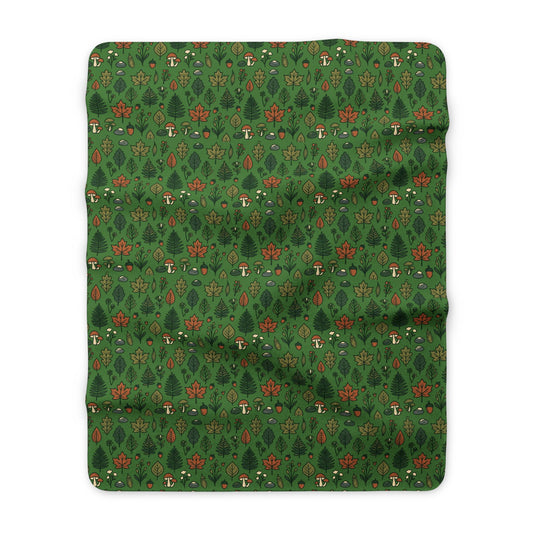 Woodland Mushroom Sherpa Blanket — Cozy Green Forest Fleece Throw
