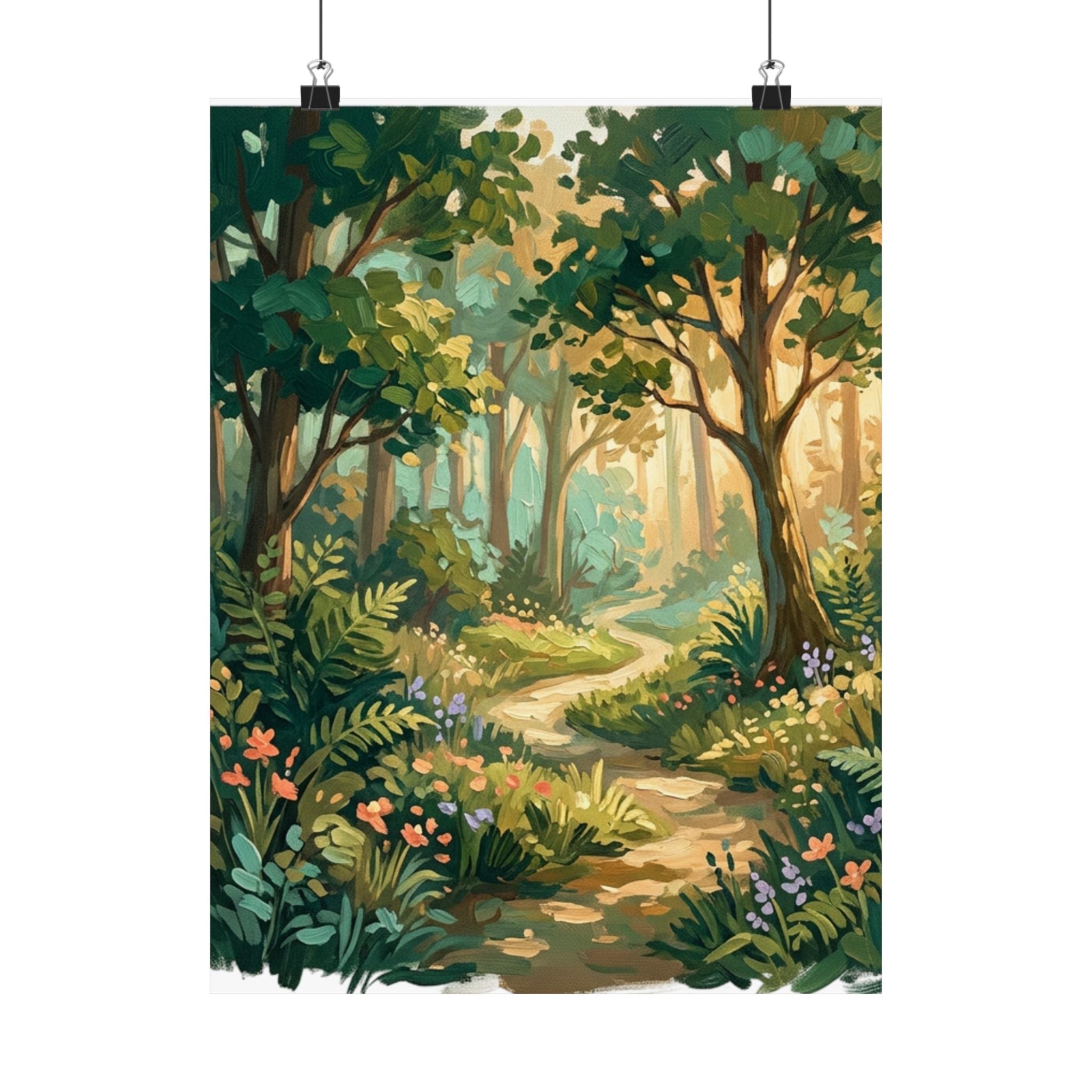 Sunlit Forest Path Matte Vertical Poster — Storybook Woodland Wall Art