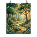 Sunlit Forest Path Matte Vertical Poster — Storybook Woodland Wall Art