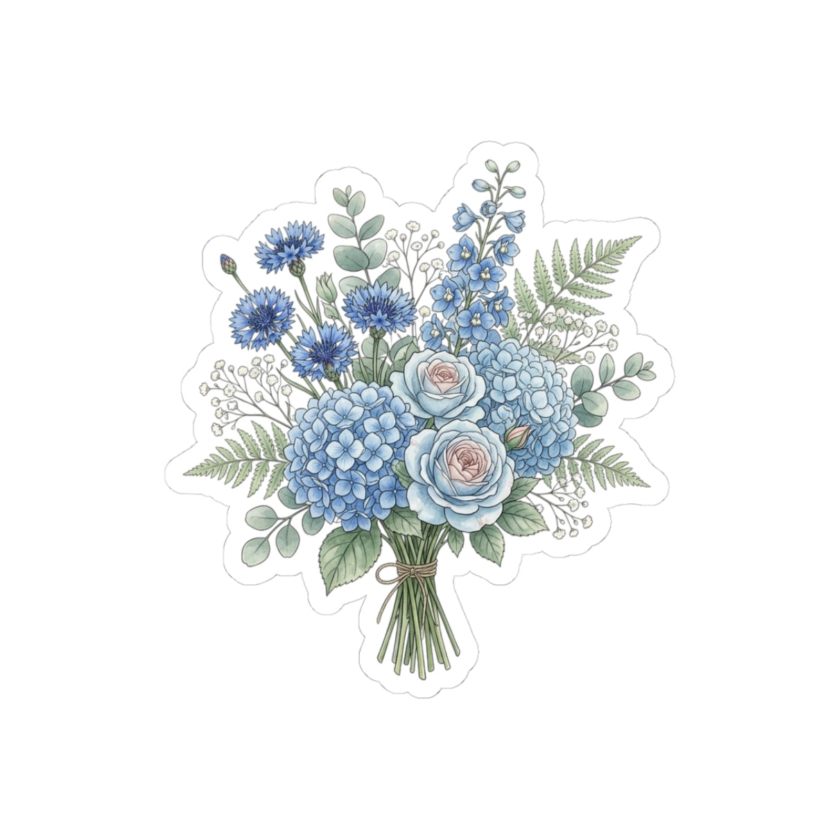 Floral Bouquet Kiss-Cut Sticker — Pastel Blue Roses & Vintage Greenery