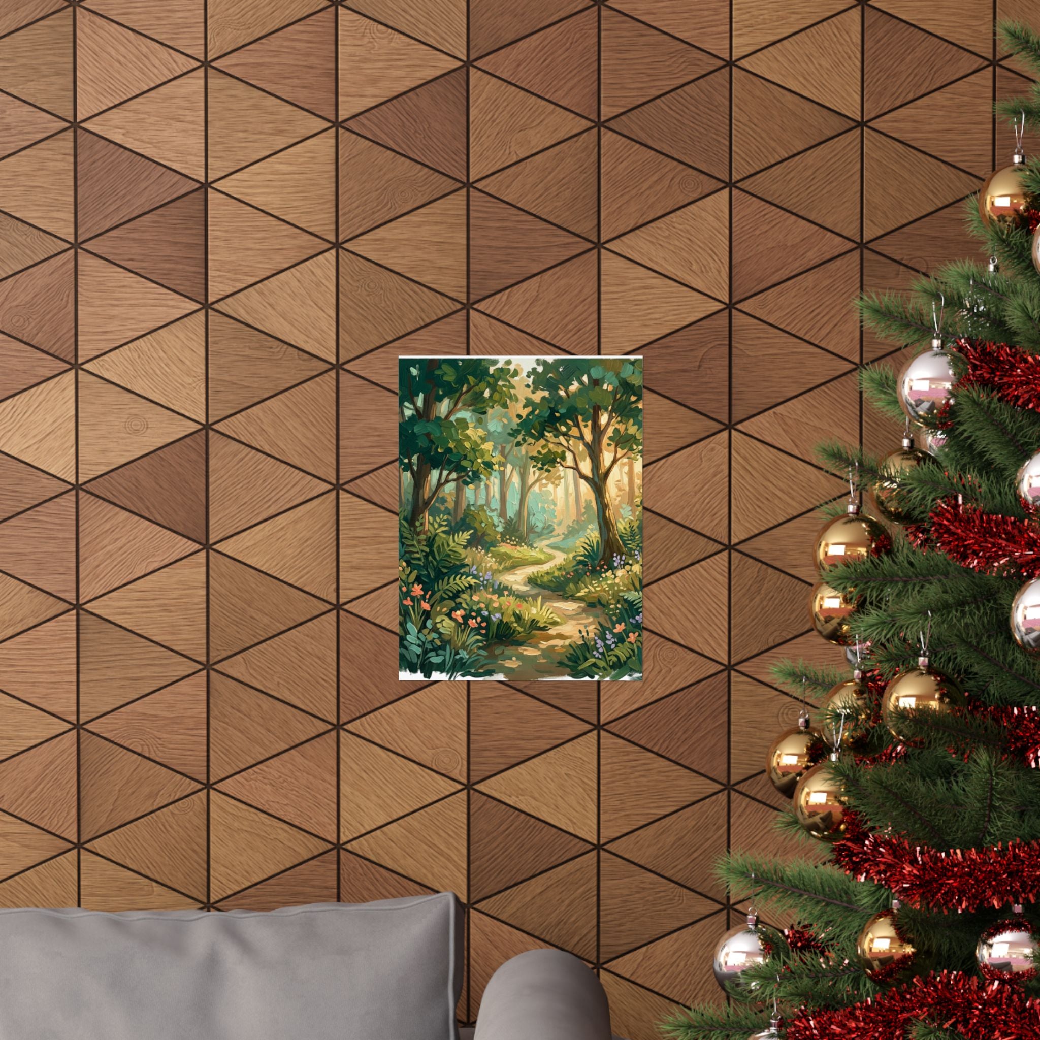Sunlit Forest Path Matte Vertical Poster — Storybook Woodland Wall Art
