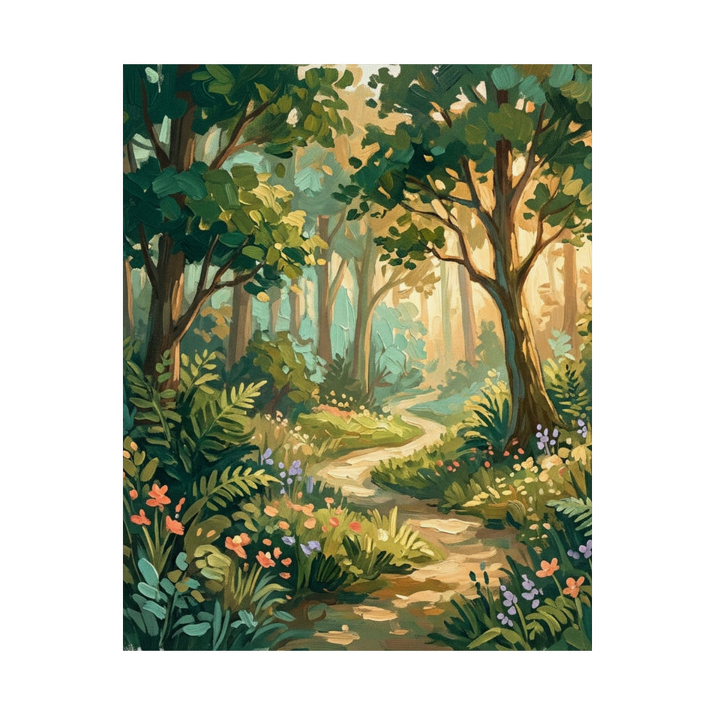 Sunlit Forest Path Matte Vertical Poster — Storybook Woodland Wall Art