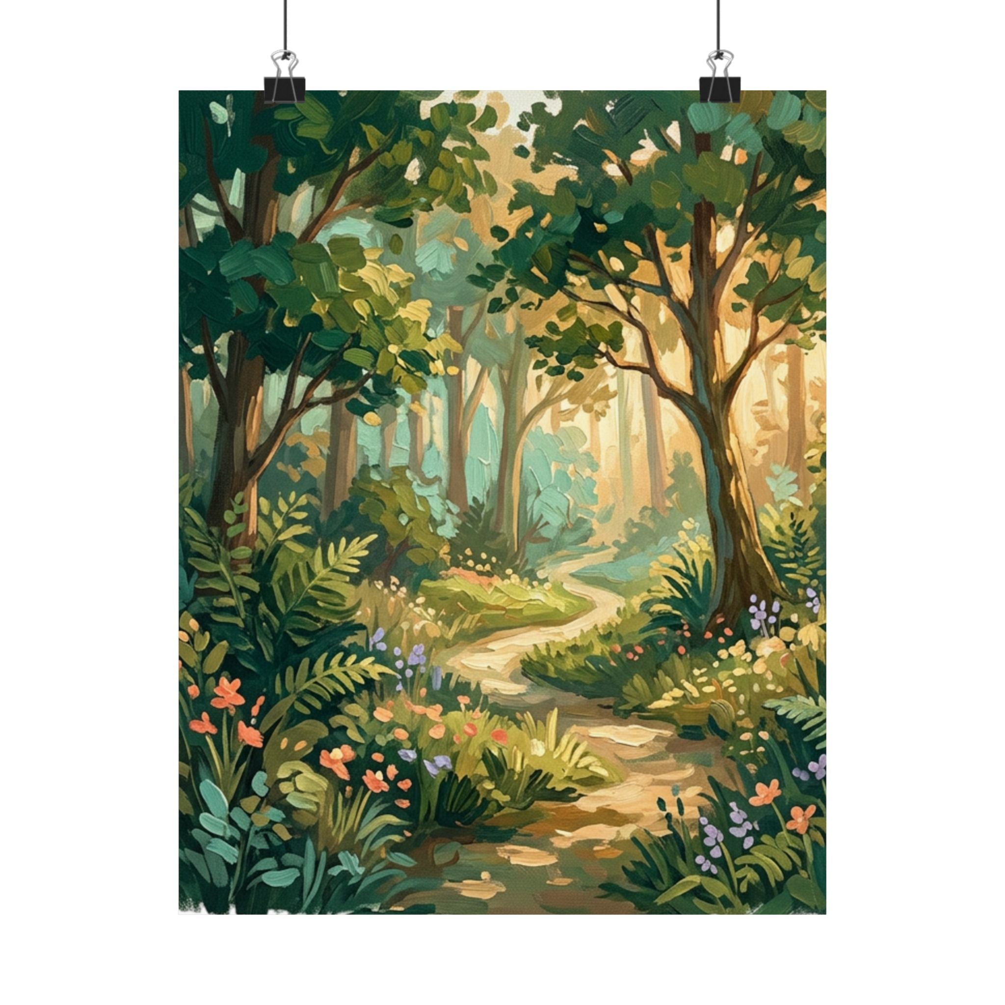 Sunlit Forest Path Matte Vertical Poster — Storybook Woodland Wall Art