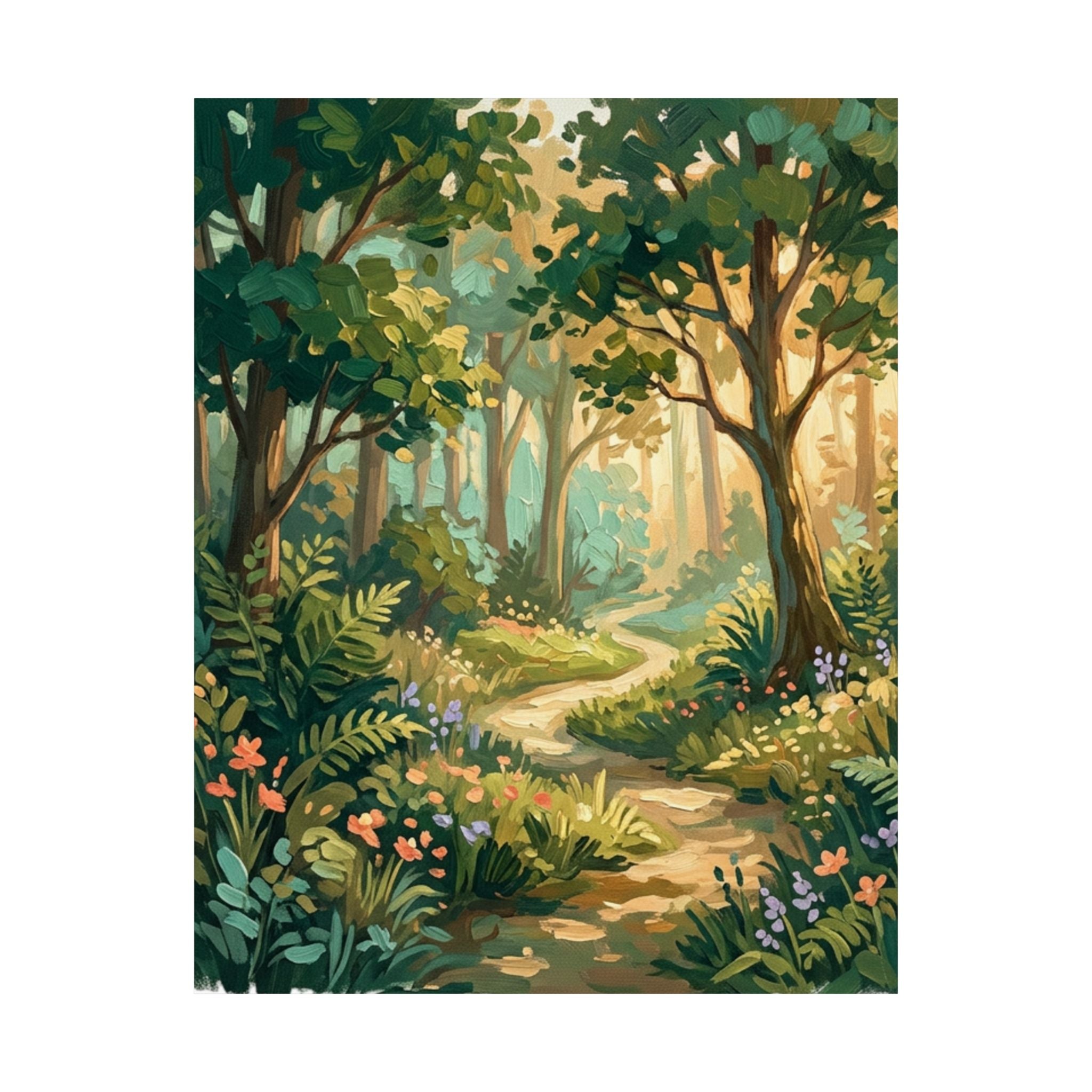 Sunlit Forest Path Matte Vertical Poster — Storybook Woodland Wall Art