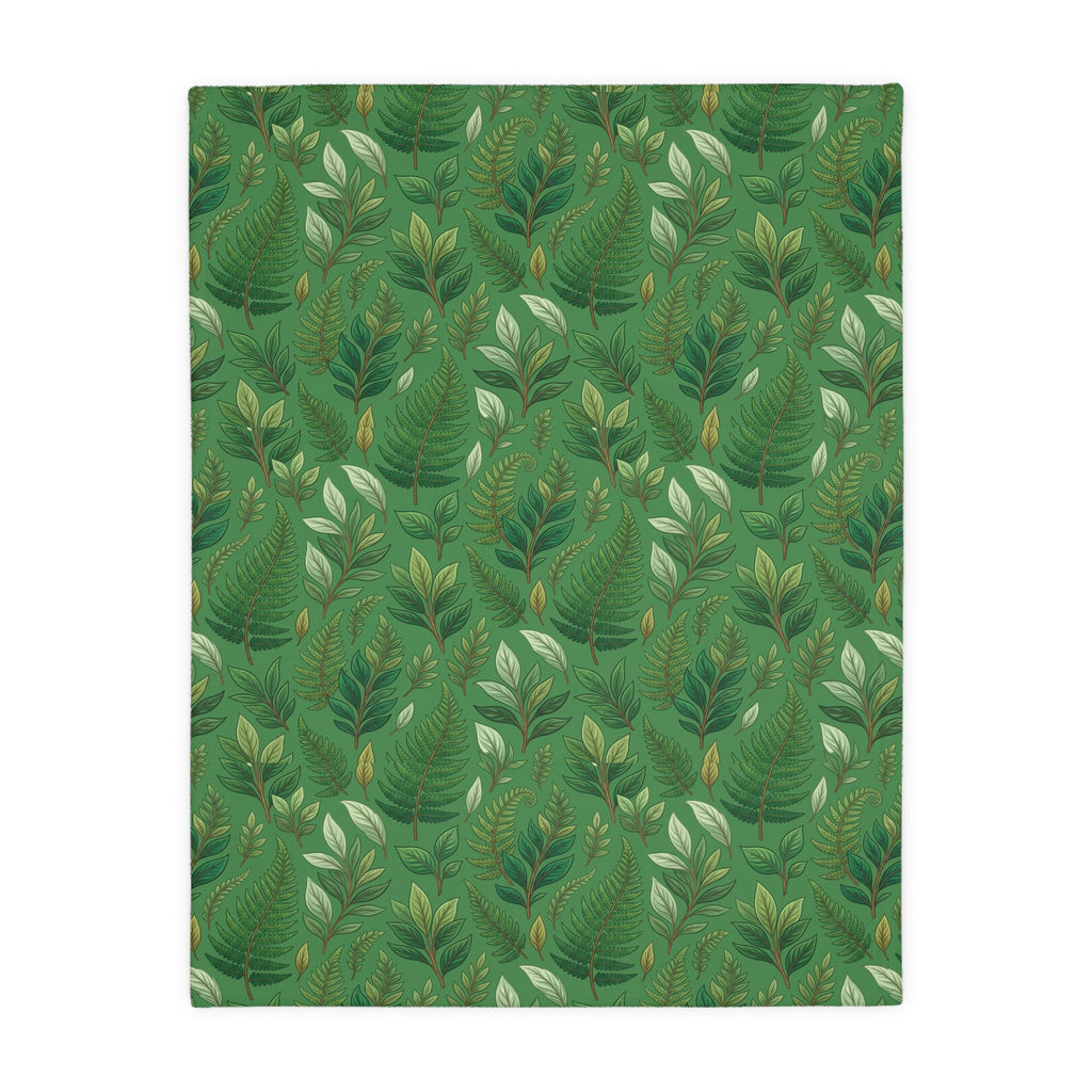 Green Leaf Pattern Velveteen Blanket – Reversible Forest Foliage Throw