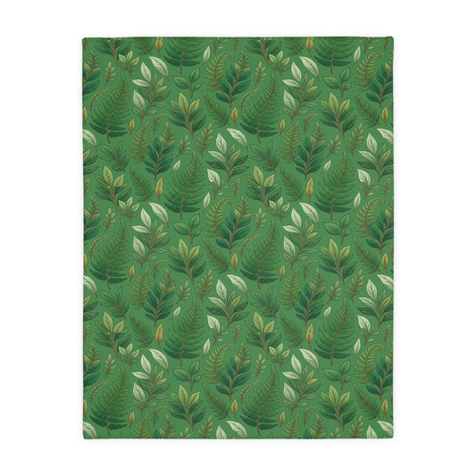 Green Leaf Pattern Velveteen Blanket – Reversible Forest Foliage Throw